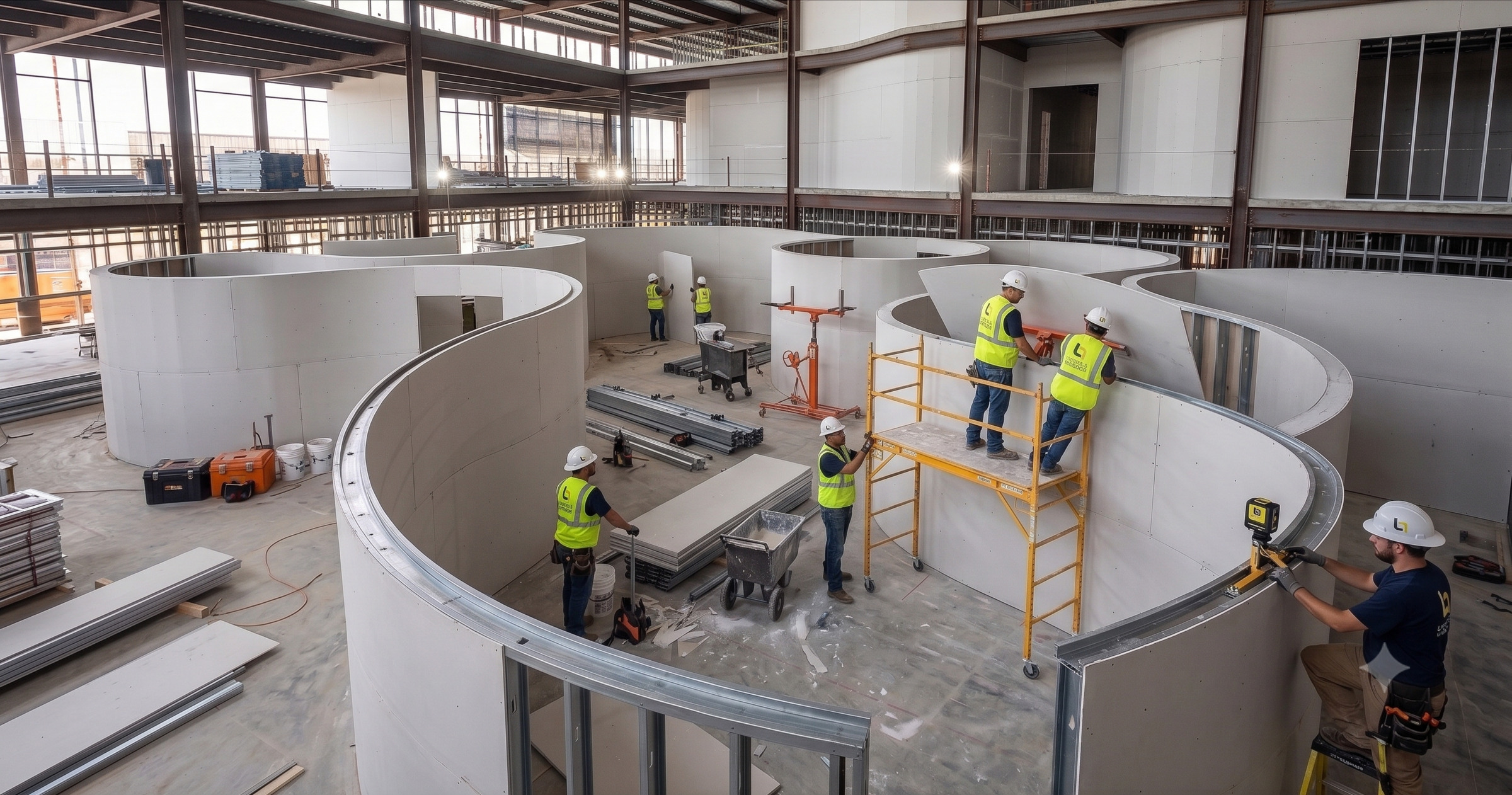 Beyond 9 Interior crew installing curved specialty wall systems on a commercial project in Colorado